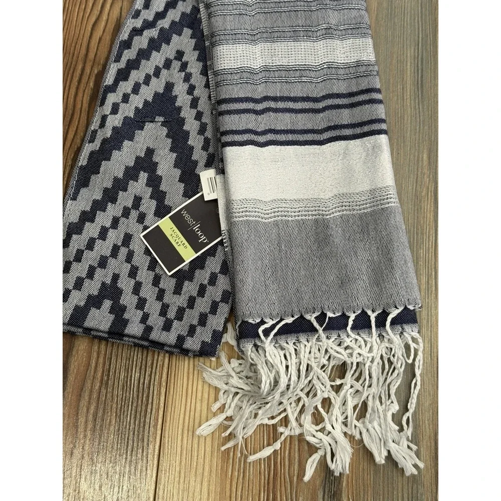 NWT West Loop Blue/Silver Two Toned Fringed Jacquard Scarf